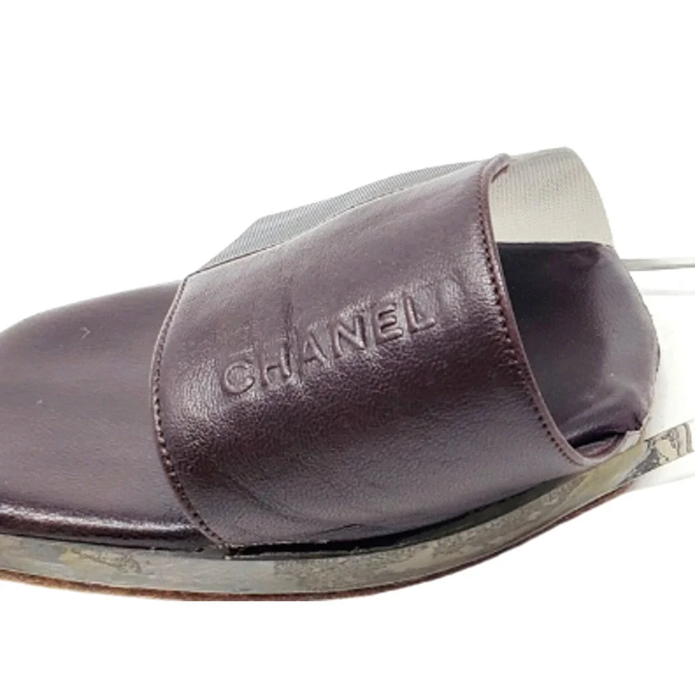 Chanel Sandals Brown Leather Flat Slides LOGO Clear Block PVC Mules EU 36.5